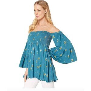 NEW Free People Lana Tunic Blue Off Shoulder Floral Bell Sleeve Blouse - Size S